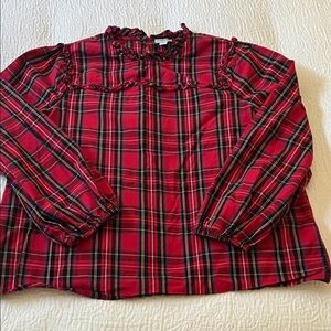J. Crew Red Holiday Plaid Blouse with Ruffle Trim & Puff Sleeves, Size Medium